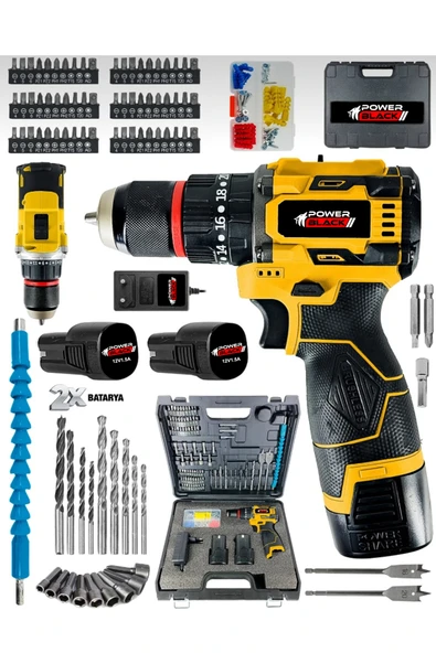POWER BLACK 100 PARÇALI HEDİYELİ PROFESYONEL ÇELİK MANDREL 2 BATARYALI 1 ŞARJ CİHAZLI ürün görseli 1