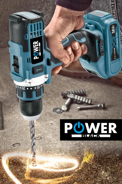 POWER BLACK POWEBLACK PRO Germany Technology 58Vf 5Ah Çelik Mandren Çift Akülü Vidalama Şarjlı Matkap Seti - Resim 4
