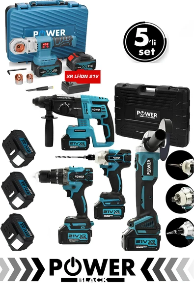 POWER BLACK ultra güçlü 5 li set 21 V boru kaynak kırıcı delici vidalama avuç taşlama somun sökme ürün görseli 1