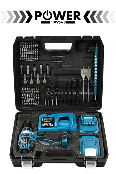 POWER BLACK Çelik Mandren Çift Akülü Darbesiz 82 Parça Set Hediyeli Şarjlı Matkap Mavi - Resim 2