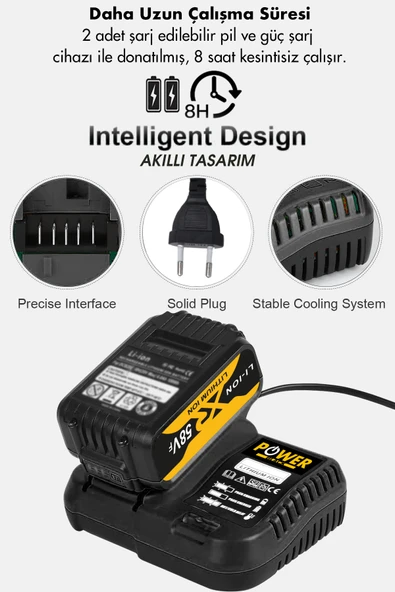 POWER BLACK 58 Vf 5 Ah Metal Şanzıman Çift Akülü Şarjlı Matkap 84 Parça Akülü Vidalama Set SARI - Resim 2