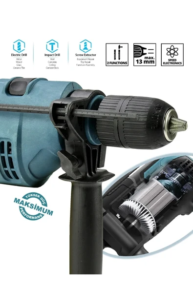 POWER BLACK 13 Mm Darbeli Germany Style 1100 W Elektirikli Matkap Mavi0013 - Resim 2