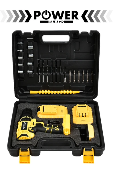 POWER BLACK 12 V Çelik Şanzuman Bakır Sargılı Çift Akülü Şarjlı Matkap Vidalama - Resim 2