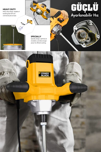 POWER BLACK Elektrikli Alçı Boya Ve Harç Karıştırıcı Mikser Sarı Renk - Resim 4