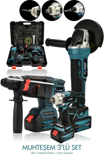 POWER BLACK 3 Lü Set Torklu Vidalama Somun Sıkma Şarjlı Matkap 2-26mm Şarjlı Taşlama 125mm ürün görseli 1