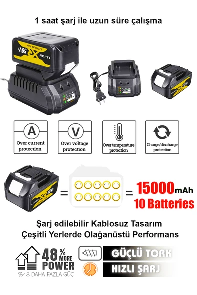 POWER BLACK 58 Vf 5ah Metal Şanzuman Kalın Batarya Çift Akülü Şarjlı Darbeli Matkap 82 Parça Akülü Vidalama - Resim 2