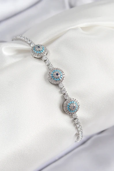 Pirinç Zirkon Taşlı Nazar Model Gümüş Renk Kadın Bileklik - TJ-BB7704 ürün görseli 1