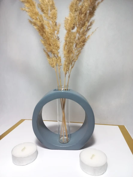 Dekoratif Vazo, Cam Tüplü,  ( Yuvarlak Model ) Gri aksesuar - Resim 3