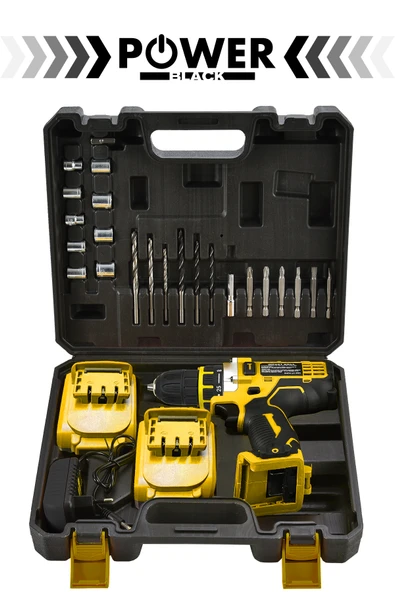 POWER BLACK 24 Parça Metal Şanzıman Çift Akülü Bakır Sargı Şarjlı Matkap Akülü Vidalama - Resim 2