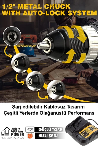 ASSUR PLUS Darbeli Matkap 58vf 5ah Sjs Çift Metal Şanzuman Çift Akülü Şarjlı Darbeli Matkap 24 Parça Set - Resim 3
