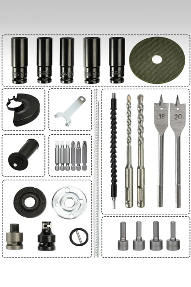 POWER BLACK 3 Lü Set Torklu Vidalama Somun Sıkma Şarjlı Matkap 2-26mm Şarjlı Taşlama 125mm - Resim 2