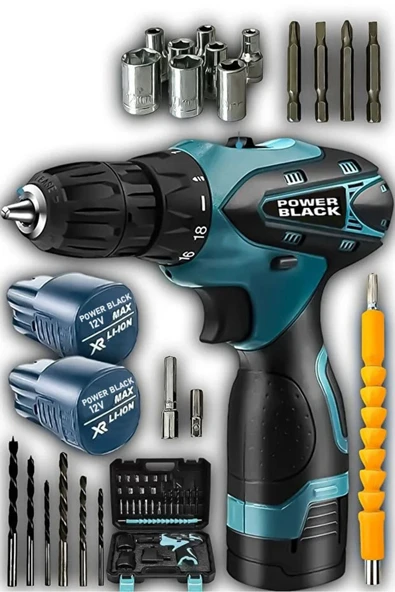 POWER BLACK extra erğonomik lüks men matkap 24 parça armut pataryalı 12 V ürün görseli 1