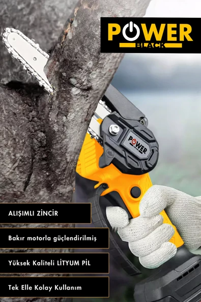 POWER BLACK Extra Güçlü Çift Bataryalı Şarjlı Ağaç Odun Dal Budama Testeresi Sarı - Resim 3