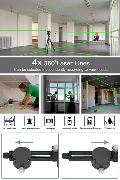 POWER BLACK 360° 12 Köşe Otomatik Hizalamalı Lazer Metre Hizalama Yeşil Çizgili Lazer Hizalama Su Terazili - Resim 2