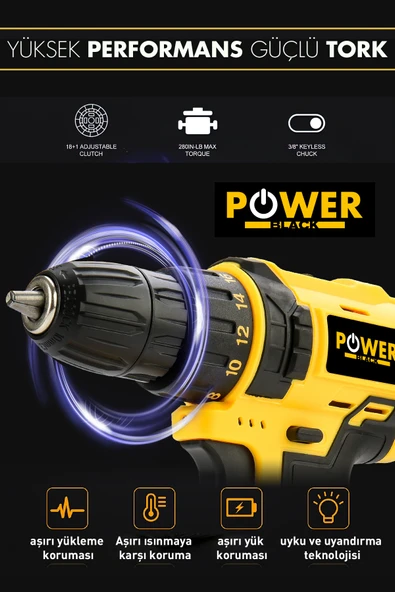 POWER BLACK 24 Parça Metal Şanzıman Çift Akülü Bakır Sargı Şarjlı Matkap Akülü Vidalama - Resim 3