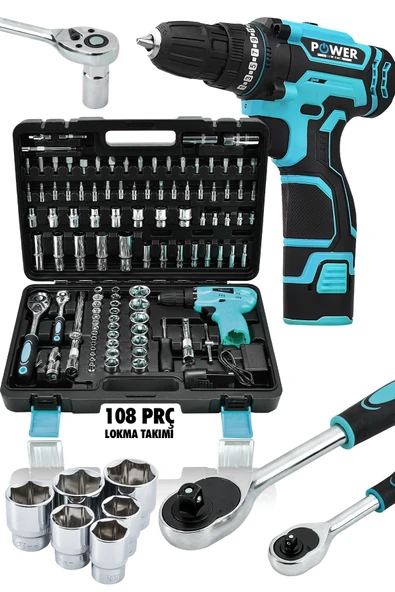 POWER BLACK Korumalı Çelik Şanzuman ŞARJLI Matkap 108 Pcs Crv Çeliği Profesyonel Parlak Lokma Takımı HEDİYELİ ürün görseli 1