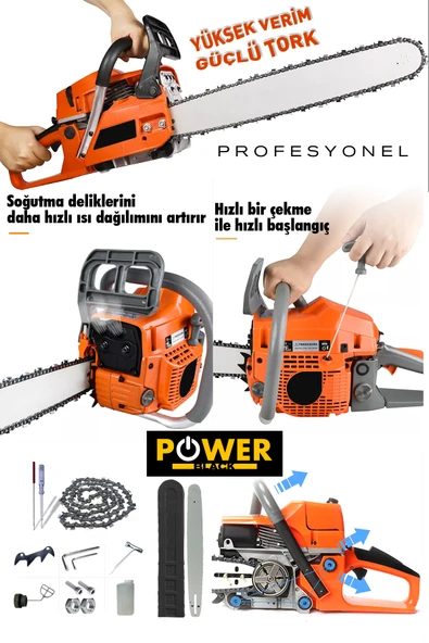 POWER BLACK Benzinli Testere Ağaç Odun Dal Kesme Makinesi Motorlu Testere Yeni Nesil Motor 38 Diş - Resim 2