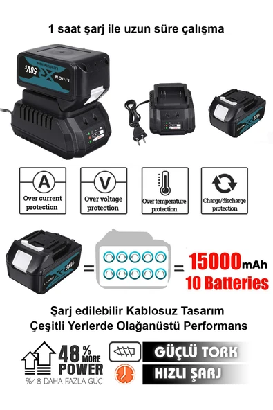 POWER BLACK 58 Vf 5ah Metal Şanzuman Kalın Batarya Çift Akülü Şarjlı Darbeli Matkap 82 Parça Akülü Vidalama - Resim 2