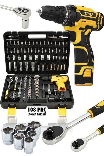 POWER BLACK Korumalı Çelik Şanzuman ŞARJLI Matkap 108 Pcs Crv Çeliği Profesyonel Parlak Lokma Takımı HEDİYELİ ürün görseli 1