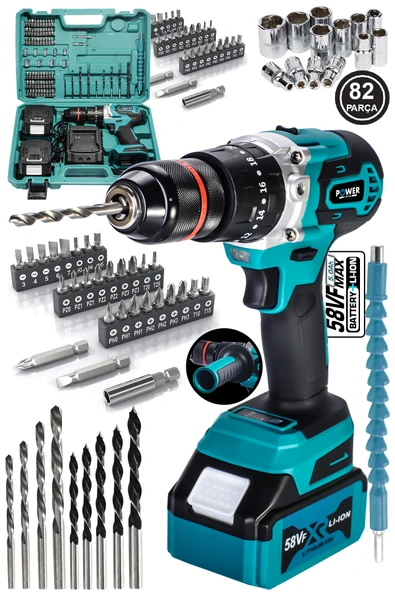 POWER BLACK 58 Vf 5ah Metal Şanzuman Kalın Batarya Çift Akülü Şarjlı Darbeli Matkap 82 Parça Akülü Vidalama ürün görseli 1