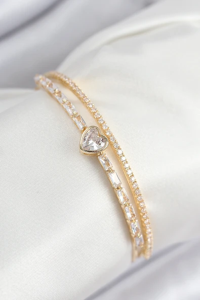 Pirinç Zirkon Taşlı Kalp Model Gold Renk Kadın Bileklik - TJ-BB7873 ürün görseli 1