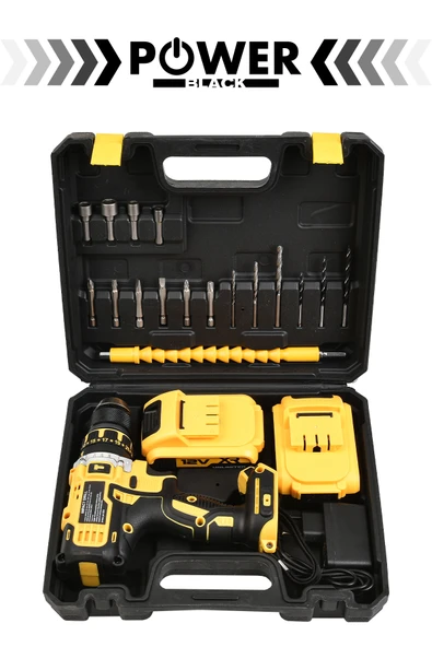 POWER BLACK Ultragüçlü 12v Darbeli Şarjlı Matkap Metal Şanzıman Bakır Sargılı Çift Akülü 17 Parça Set Powerblack - Resim 2