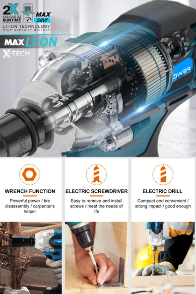 POWER BLACK 5ah Professional Somun Sökme Şarjlı Darbeli Matkap Vidalama Set Sarı Powerblack - Resim 3