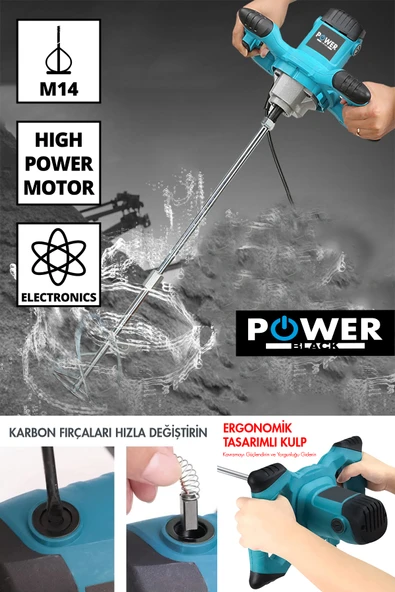 POWER BLACK 1800 W Devir Ayarlı Elektrikli Alçı Boya Ve Harç Karıştırıcı Mikser-mavi - Resim 3