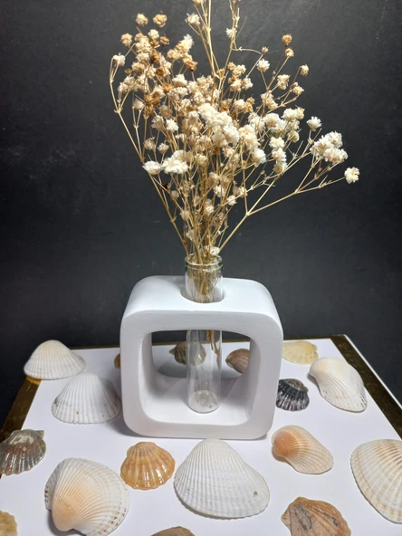 Minimal Vazo, Cam Tüplü ( Kare Model ) Dekoratif Beyaz Vazo - Resim 2