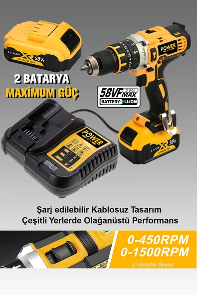 POWER BLACK 58 Vf 5ah Metal Şanzuman Çift Akülü Şarjlı Darbeli Matkap 24 Parça Akülü Vidalama - Resim 2