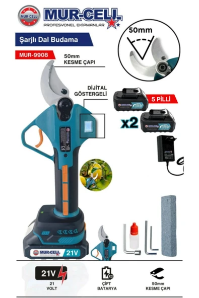 Mur-Cell 9908 Dal Budama Makası 21v 2ah 50mm Kesme Çaplı Çelik Bıçaklı 5 Pilli ürün görseli 1