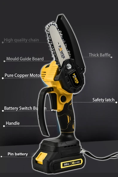 POWER BLACK Extra Güçlü Çift Bataryalı Şarjlı Ağaç Odun Dal Budama Testeresi Sarı - Resim 2