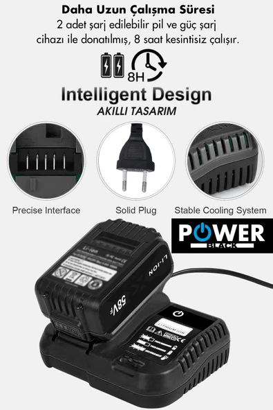POWER BLACK 2 Li Set 58 Vf 5 Ah Çift Akülü Çelik Şanzıman Şarjlı Dal Budama &Testeresi SİYAH - Resim 3