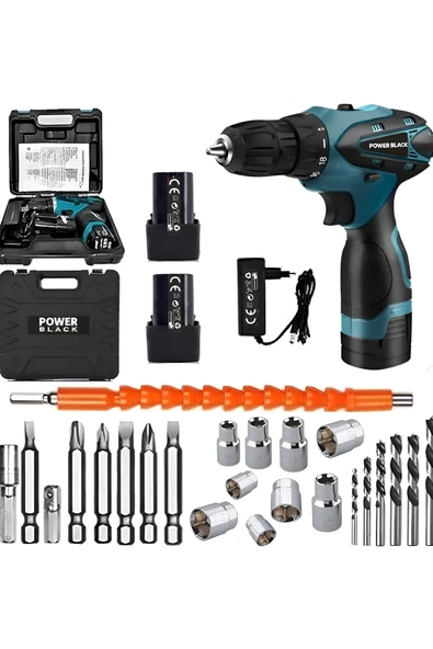 POWER BLACK 12 v 24 parçalı 2 batarya 1 şarj şarj cihazlı matkap ürün görseli 1