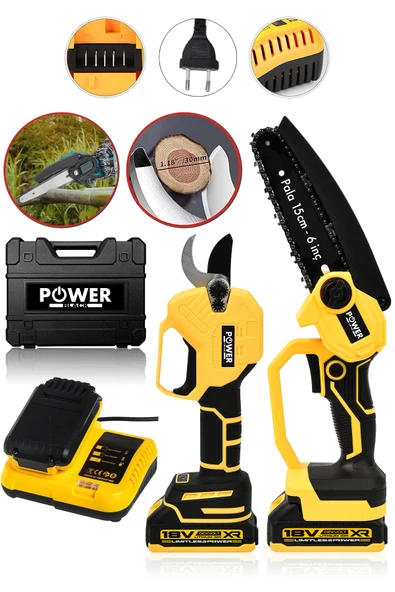 POWER BLACK GERMANY 2'li Set Çift Akülü Bağ Makası ve Budama Testeresi Makinesi Sarı ürün görseli 1