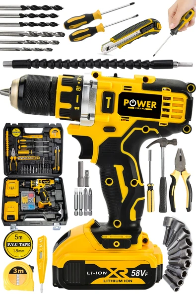 POWER BLACK POWEBLACK PRO Germany Technology 58Vf 5Ah Çelik Mandren Çift Akülü Vidalama Şarjlı Matkap Seti ürün görseli 1