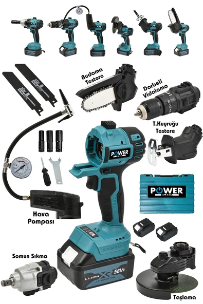 POWER BLACK 6 Lı Pro Set Tilki Kuyruğu Taşlama Somun Sökme Havalı Pompa Şarjlı Matkap Testere Mavi ürün görseli 1