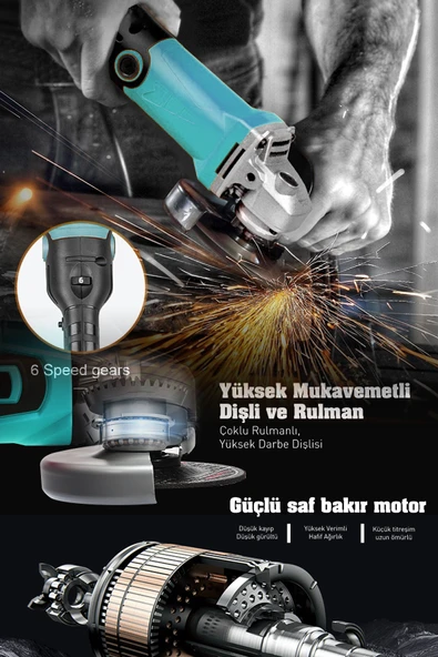 POWER BLACK Avuç Içi Taşlama Makinası 6 Kademeli Uzun Kuyruk Devir Ayarlı 125 Mm Mavi - Resim 2