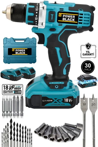 POWER BLACK Pro Germany Technology Şarjlı Matkap Çelik Şanzuman Çift Akülü Li-on Batarya 30 Parça Powerblack - Resim 2