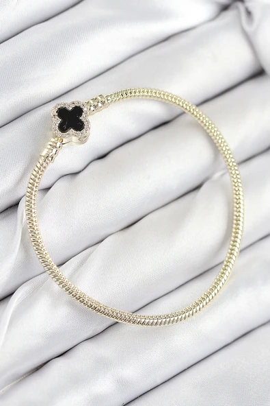 Pirinç Charm Zirkon Taşlı Yonca Model Gold Renk Kadın Bileklik - TJ-BB7806 ürün görseli 1