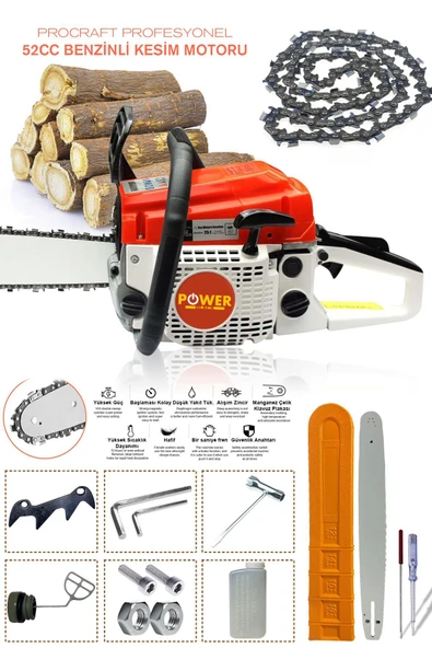 POWER BLACK Germany Benzinli Testere  Ağaç Odun Dal Kesme Makinesi Motorlu Testere Yeni Nesil Motor 38 Diş - Resim 4