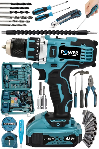 POWER BLACK POWEBLACK PRO Germany Technology 58Vf 5Ah Çelik Mandren Çift Akülü Vidalama Şarjlı Matkap Seti ürün görseli 1