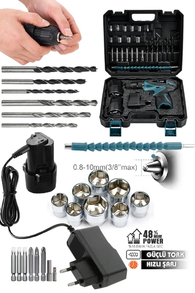 POWER BLACK Şarjlı Matkap Vidalama 24v 4ah Lion Armut Batarya Metal Şanzuman Çift Akülü Vidalama 24 Parça Set - Resim 2