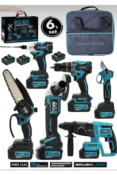 POWER BLACK 6 Lısı Bİr arada Bez çanta 6 lı set 6 MAKİNA 3 BATARYA 1 ŞARJ CİHAZLI SET ürün görseli 1