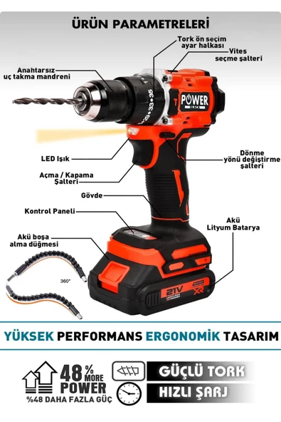 POWER BLACK KÖMÜRÜSZ DARBELİ KIRMIZI 82 PARÇA HEDİYELİ ÇİFT AKÜLÜ ÇELİK KAFA - Resim 3