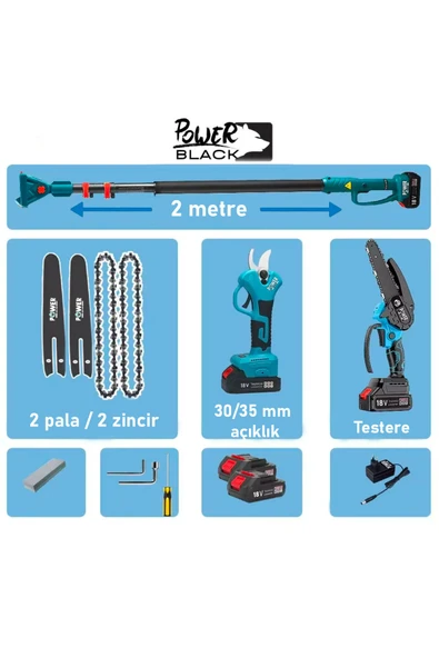 POWER BLACK 2'li Süper Set Çift Akülü Teleskopik Kollu Bağ Makası ve Budama Testeresi Makinesi - Resim 3
