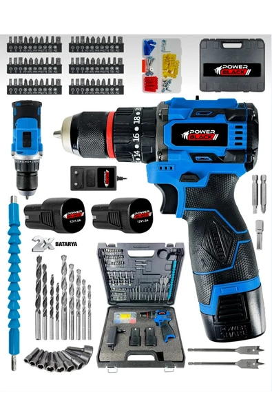 POWER BLACK 100 PARÇALI HEDİYELİ PROFESYONEL ÇELİK MANDREL 2 BATARYALI 1 ŞARJ CİHAZLI ürün görseli 1