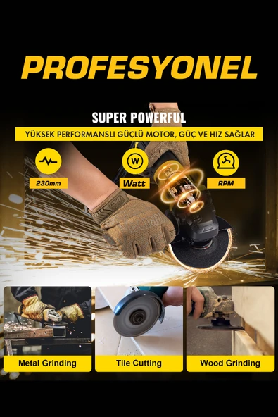 POWER BLACK Ekstra Güçlü Metal Şanzıman 2200 W 230 Mm Büyük Sipiral Taşlama Ve Kesme Makinası SARI - Resim 2