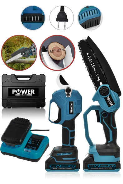 POWER BLACK GERMANY 2'li Set Çift Akülü Bağ Makası ve Budama Testeresi Makinesi MAVİ ürün görseli 1