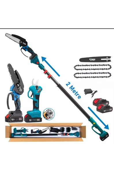 POWER BLACK 2'li Süper Set Çift Akülü Teleskopik Kollu Bağ Makası ve Budama Testeresi Makinesi - Resim 2